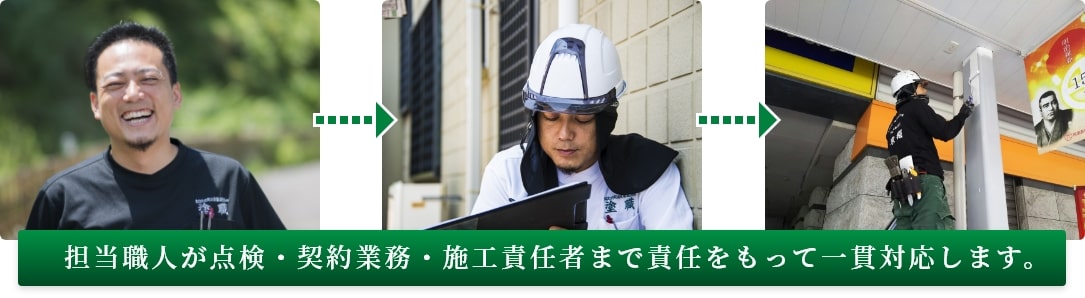 担当職人が点検・契約業務・施工責任者まで責任をもって一貫対応します。